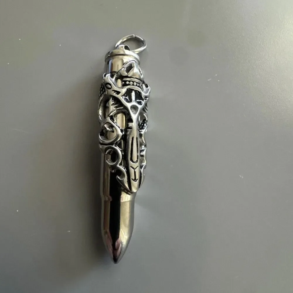 Gun Bullet Pendant Opens Internal Storage Stainless Steel 24” Chain Viking Gift